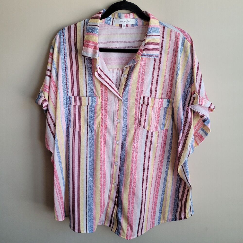 Eden & Olivia Womens Blouse Plus Size 2X Button Front Multicolor Stripes Pockets